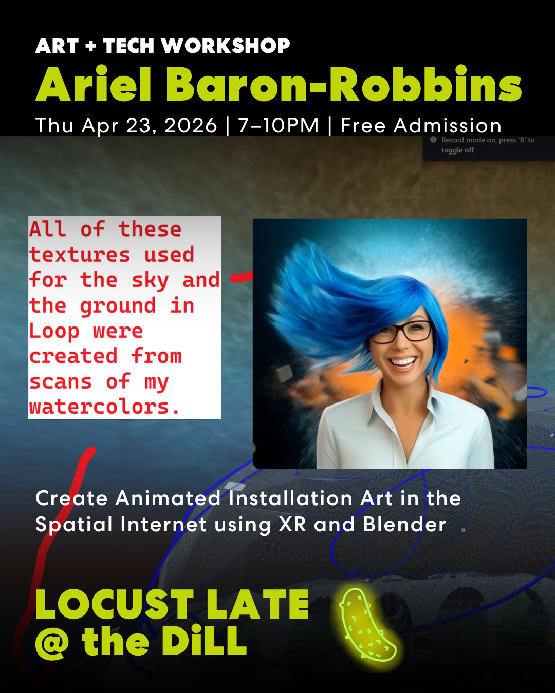 LOCUST LATE @ The DiLL: Animated Installation Art in the Spatial Internet using Blender and  the XR Creator.